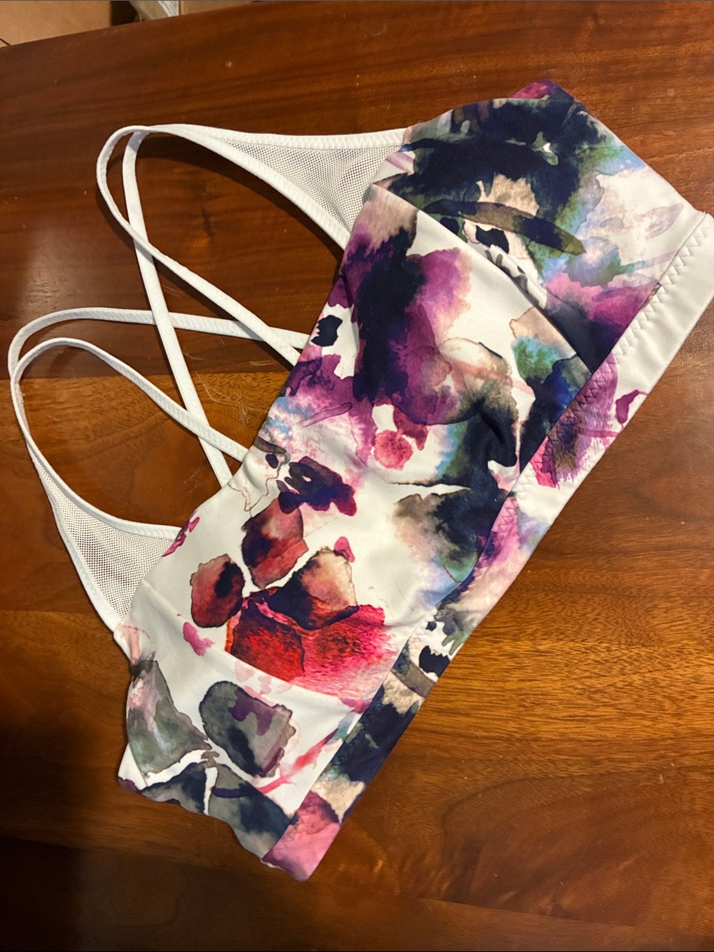 Athleta Floral Watercolor Strappy Sports Bra in White, Purple, Pink, Navy - Picture 5 of 5